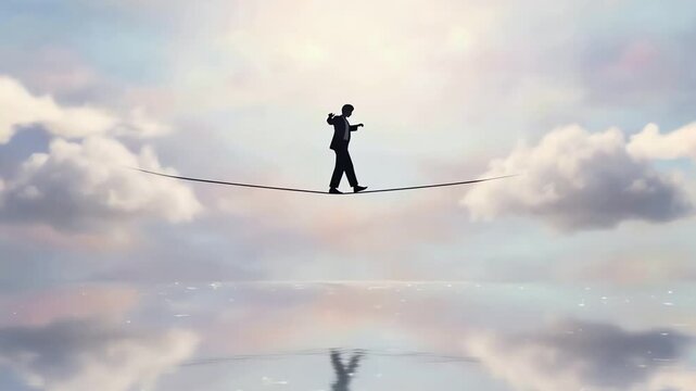 Person balancing on a high tightrope between clouds over reflective water, symbolizing risk, ambition, and challenge.