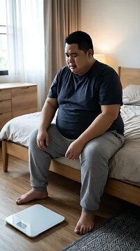 Overweight Man Sitting on Bed Holding Head in Despair Next to a Digital Scale in a Bedroom With Natural Light
