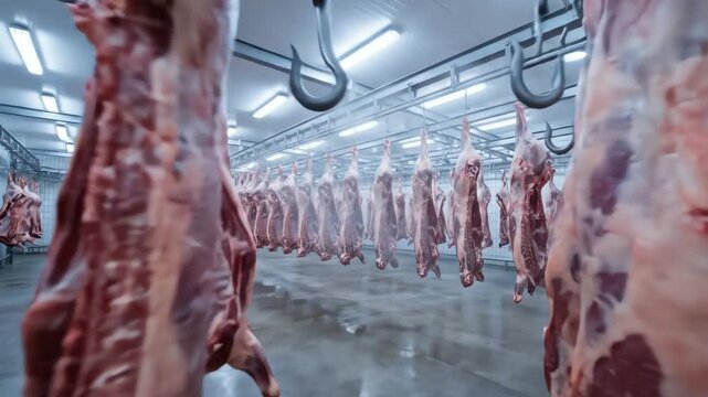 Rows of freshly processed animal carcasses hanging in a vast, sterile cold storage facility for industrial meat production