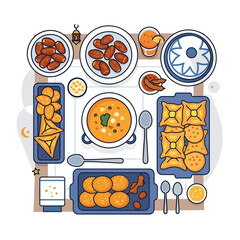 Fototapeta premium A vibrant flat lay illustration of a traditional Iftar meal spread with various Middle Eastern dishes, dates, soup, and pastries on a white table.