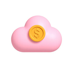 Pink Cloud With Gold Dollar Coin Floating Against Transparent