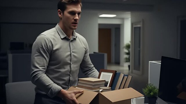 Man Packing Personal Belongings Into Cardboard Box At Office Desk With Computer And Books During Layoff Concept