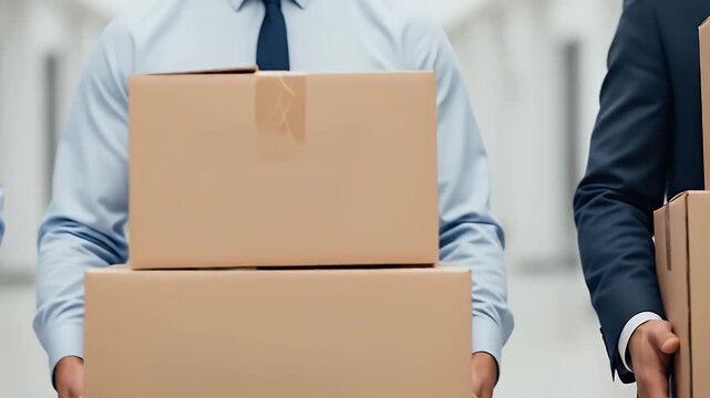 Three Businessmen in Formal Attire Carry Stacked Cardboard Boxes In A Bright Office Hallway During A Company Layoff Or Restructuring Event With Soft Natural Lighting And A Shallow Depth Of Field