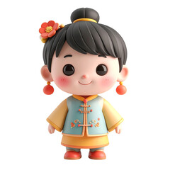 Adorable Cartoon Girl in Traditional Blue and Yellow Outfit Isolated