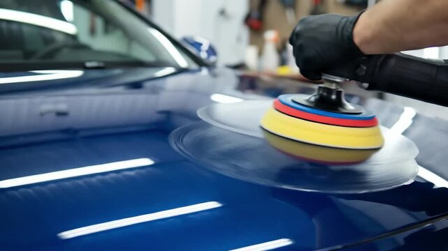 Professional auto detailer polishing a blue vehicle's surface with an orbital buffer in a workshop environment