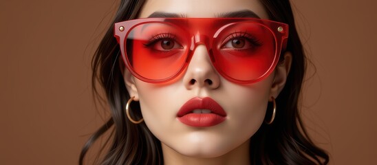 Obraz premium Stylish woman in oversized red sunglasses with bold makeup on a neutral background.