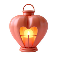 Coral Pink Heart Lantern with Glowing Candle on Transparent Backdrop