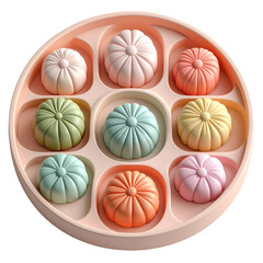 Pastel Colored Flower Shaped Cakes in Circular Tray on Transparent