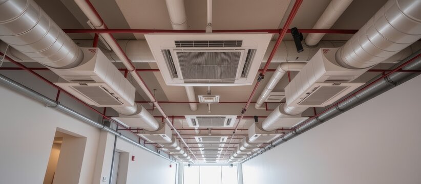 Industrial ceiling with ventilation ducts and air conditioning units in view.