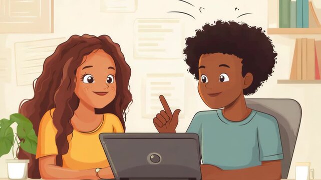 selective focus playful online learning by students in cartoon style