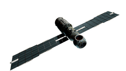 Scientific space station with solar panels in orbit.