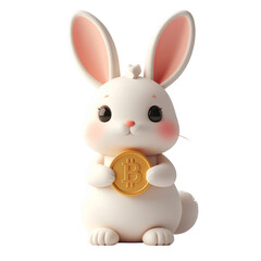 Fluffy White Bunny Holding Golden Coin Transparent Background