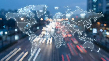 Digital world map glowing over a blurred city street at night with motion light trails representing global communication and interconnected technology