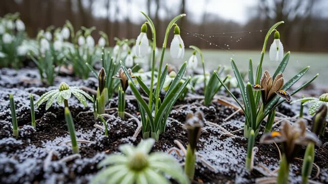 Early Spring Snowdrops and Crocuses Blooming in a Garden with Dew and Frost, Celebrating Imbolc and the Transition of Seasons