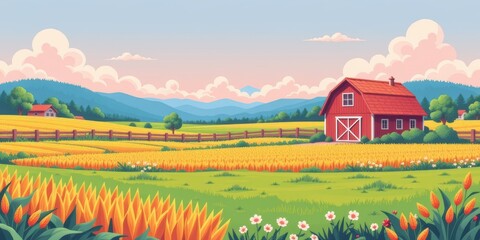 A vibrant rural scene featuring a red barn amidst fields and mountains under a blue sky.