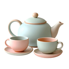 Teapot And Tea Cups Set Pastel Color On Transparent Background