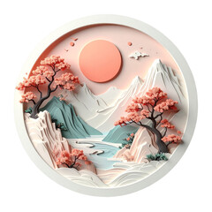 Pastel Landscape with Cherry Blossoms in Circle Frame on Transparent
