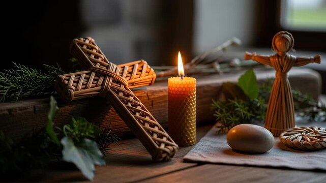 Decorative Imbolc-themed Arrangement with Wicker Cross, Candle, and Natural Elements for Spring Celebration