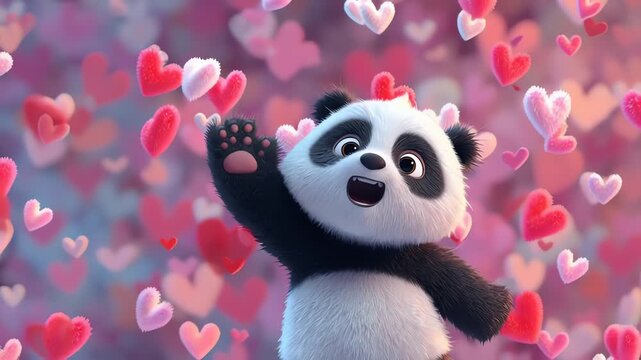 Cute baby panda waving surrounded by pink and red love hearts