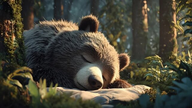 Cute Grizzly Bear Sleeping Peacefully in a Cozy Sunny Forest