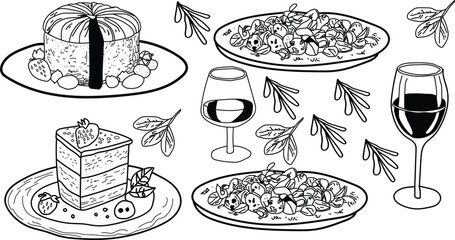 Assortment of delicious desserts and savory appetizer plates elegantly paired with wine glasses for a celebratory meal.