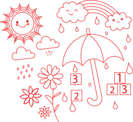 Cute line art coloring page elements depicting weather concepts like sunshine rain clouds umbrella and basic counting blocks for children activities.