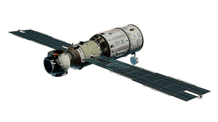 Scientific space station with solar panels in orbit.