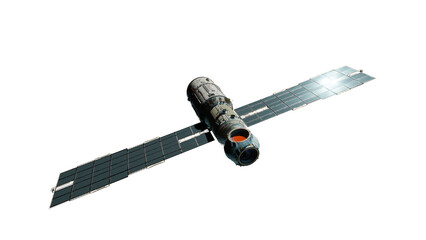 Scientific space station with solar panels in orbit.