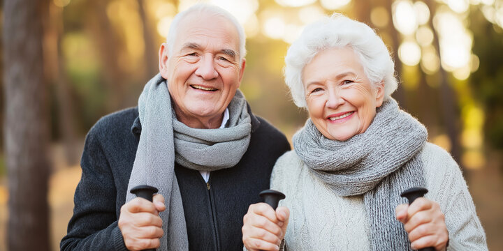 Senior couple smiling outdoors, enjoying active lifestyle with walking poles, expressing healthy aging and togetherness