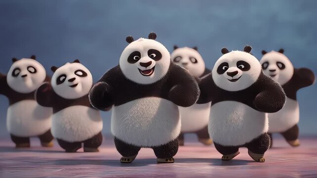 Happy cartoon pandas dancing together animation
