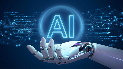 Futuristic robotic hand presents a glowing blue AI artificial intelligence symbol on a dark digital background with intricate circuit patterns