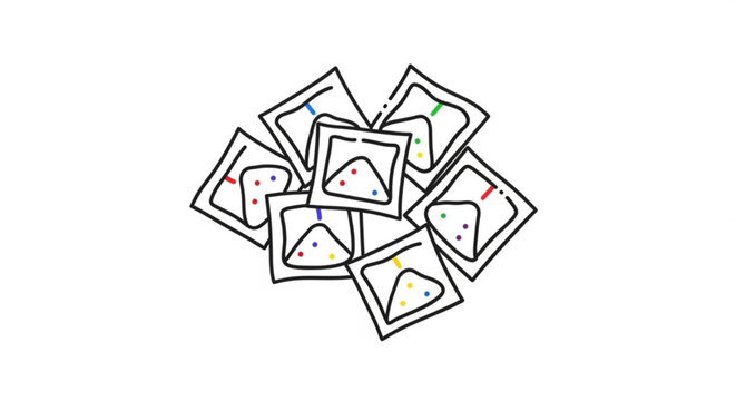 Pile of hand-drawn condom packets with colorful dots representing safe sex and protection isolated on white background