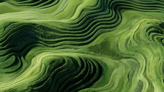 Aerial View of Lush Green Terraced Fields with Intricate Patterns and Rolling Shapes Under Soft Light