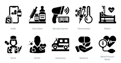 A set of 10 mix icons as order, vaccination, barcode scanner