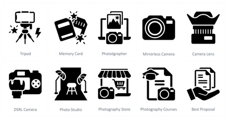 A set of 10 mix icons as tripod, memory card, photographer