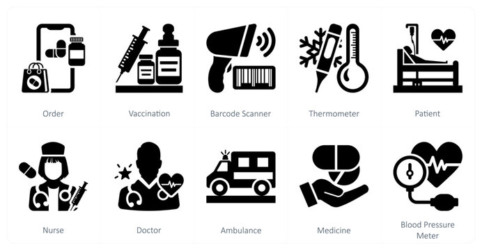 A set of 10 mix icons as order, vaccination, barcode scanner