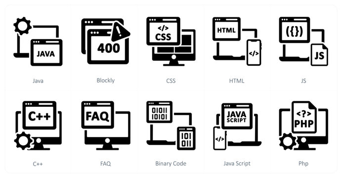 A set of 10 mix icons as java, blockly, css