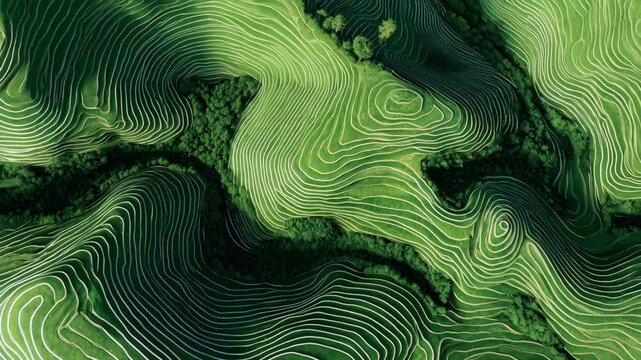Abstract Representation of Lush Green Landscapes with Intricate Swirling Lines and Textures Evoking the Beauty of Nature