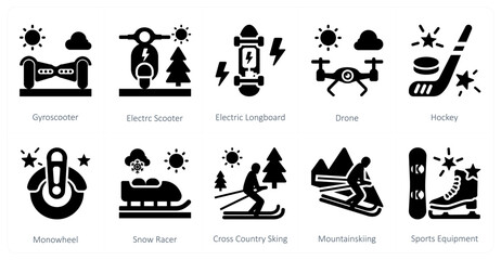 A set of 10 mix icons as gyroscooter, electric scooter, electric longboard © popcornarts