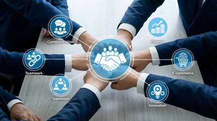 Business people hands together in a circle with communication teamwork finance ecommerce and innovation icons symbolizing corporate partnership