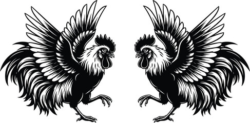 Black and white rooster vector illustration pair with spread wings and detailed feathers isolated on white background, perfect for farm, poultry, and mascot designs. © MstNasrin