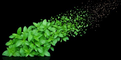 A bunch of fresh green mint leaves scattered on a black background with some leaves flying off to the right