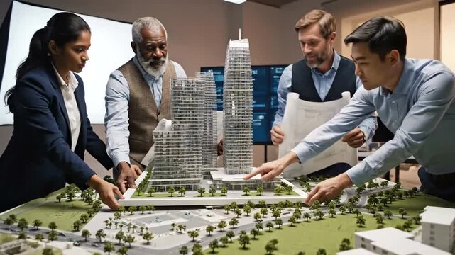 Group of professionals collaborating on urban development project with scale model.