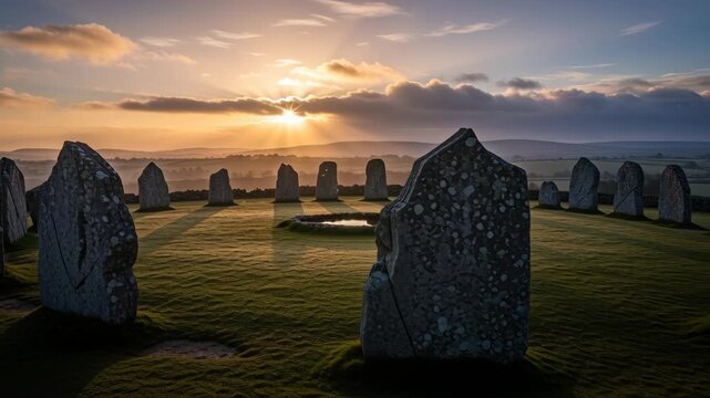 Ancient Stone Circle at Sunset with Rolling Hills and Dramatic Sky, Symbolizing Celtic Traditions and Imbolc Celebration in a Mystical Landscape
