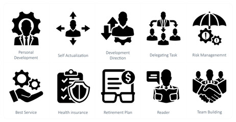 A set of 10 mix icons as perosnal development, self actualization, development direction