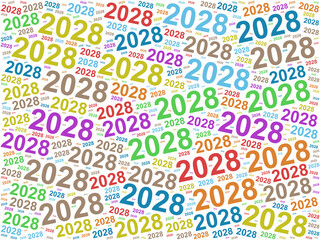 Fototapeta premium Colorful typographic pattern featuring repeated number 2028 in various sizes and colors
