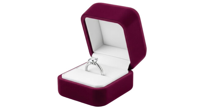 Elegant diamond solitaire ring in a purple velvet box isolated PNG, engagement jewelry for wedding proposal on transparent background
