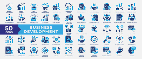 Business Development Icon Set Flat Blue Style Collection. Containing business, development, strategy, innovation, growth, think, document, financial, market and plan icon. Vector Illustration.