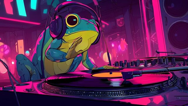 Frog DJ Mixing Music Synthwave Vibe Neon Club Scene
