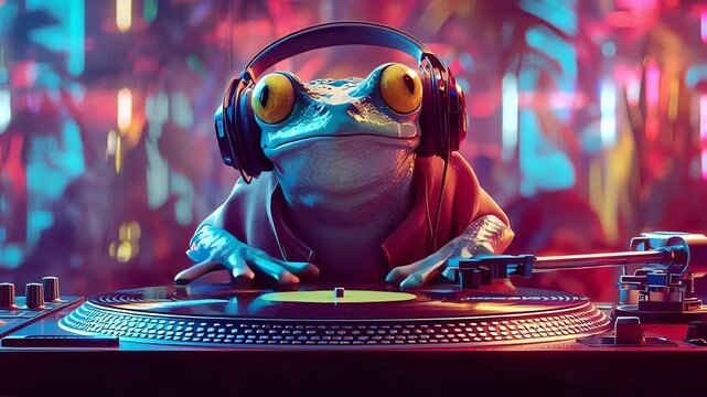 Neon DJ Frog wearing headphones spinning vinyl at a vibrant nightclub